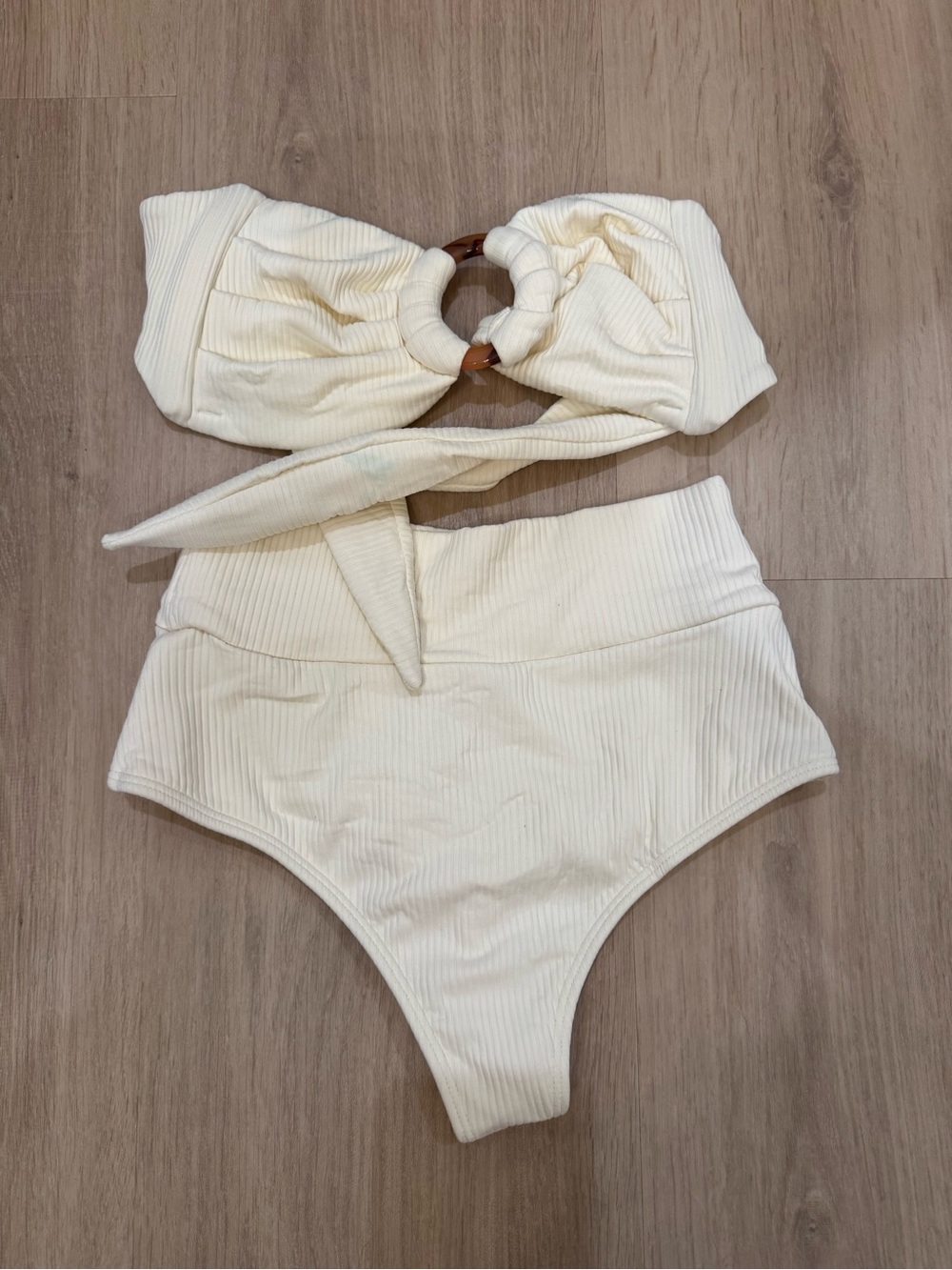 Montce Cream Ribbed Bandeau Bikini Set with Tortoiseshell Ring